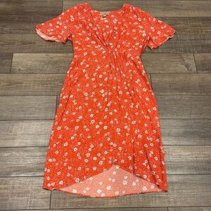 Kachel x Anthropologie Dress 8 Red Floral Retro Short Sleeve Faux Wrap Midi